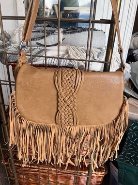 Charlotte Russe Tan Braided Fringe Crossbody Bag